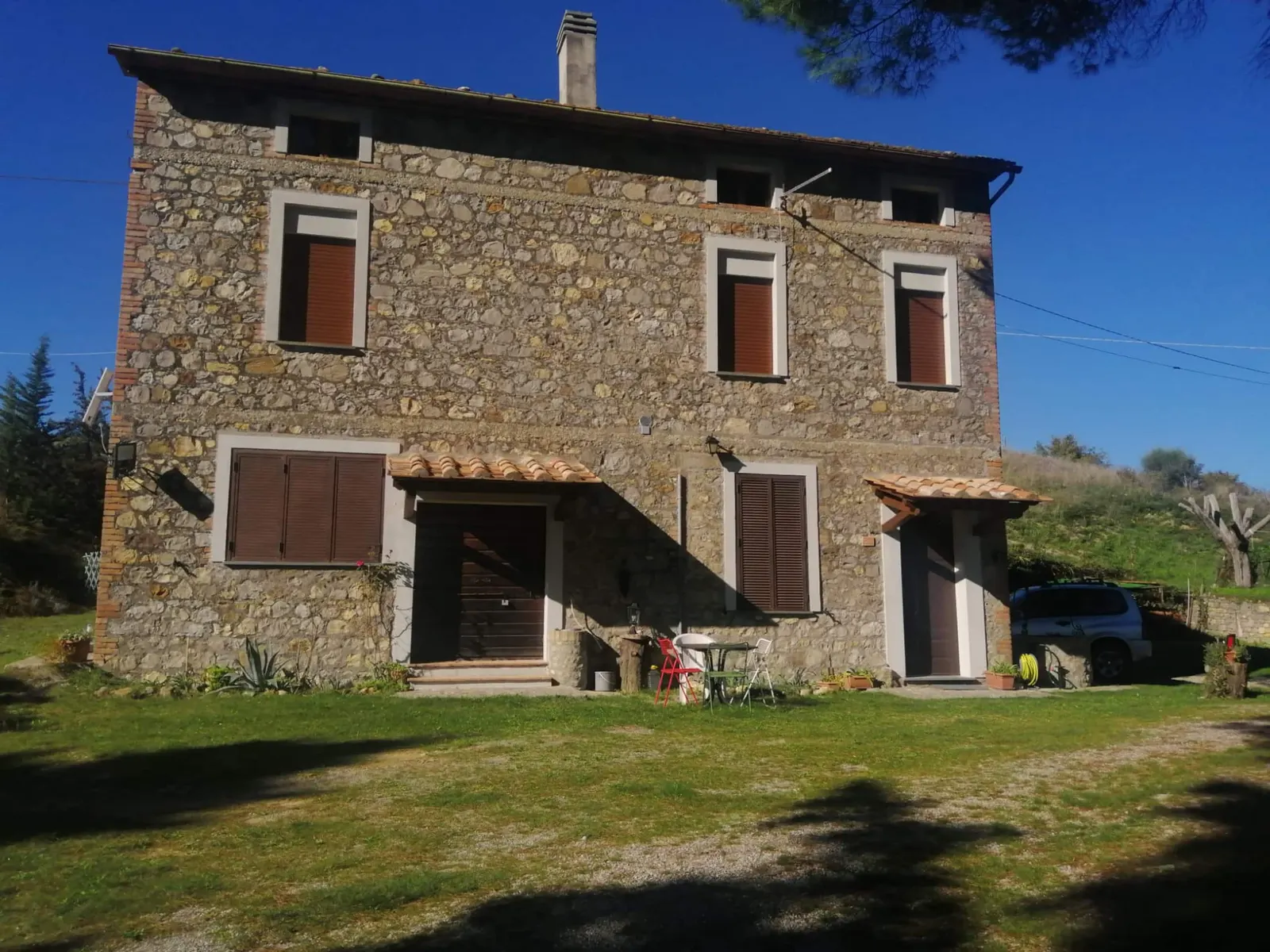 The stone farmhouse with the lawn in front, under a blue sky