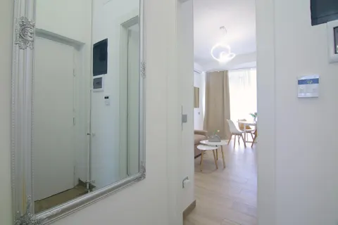 The entrance with its mirror, looking towards the living room