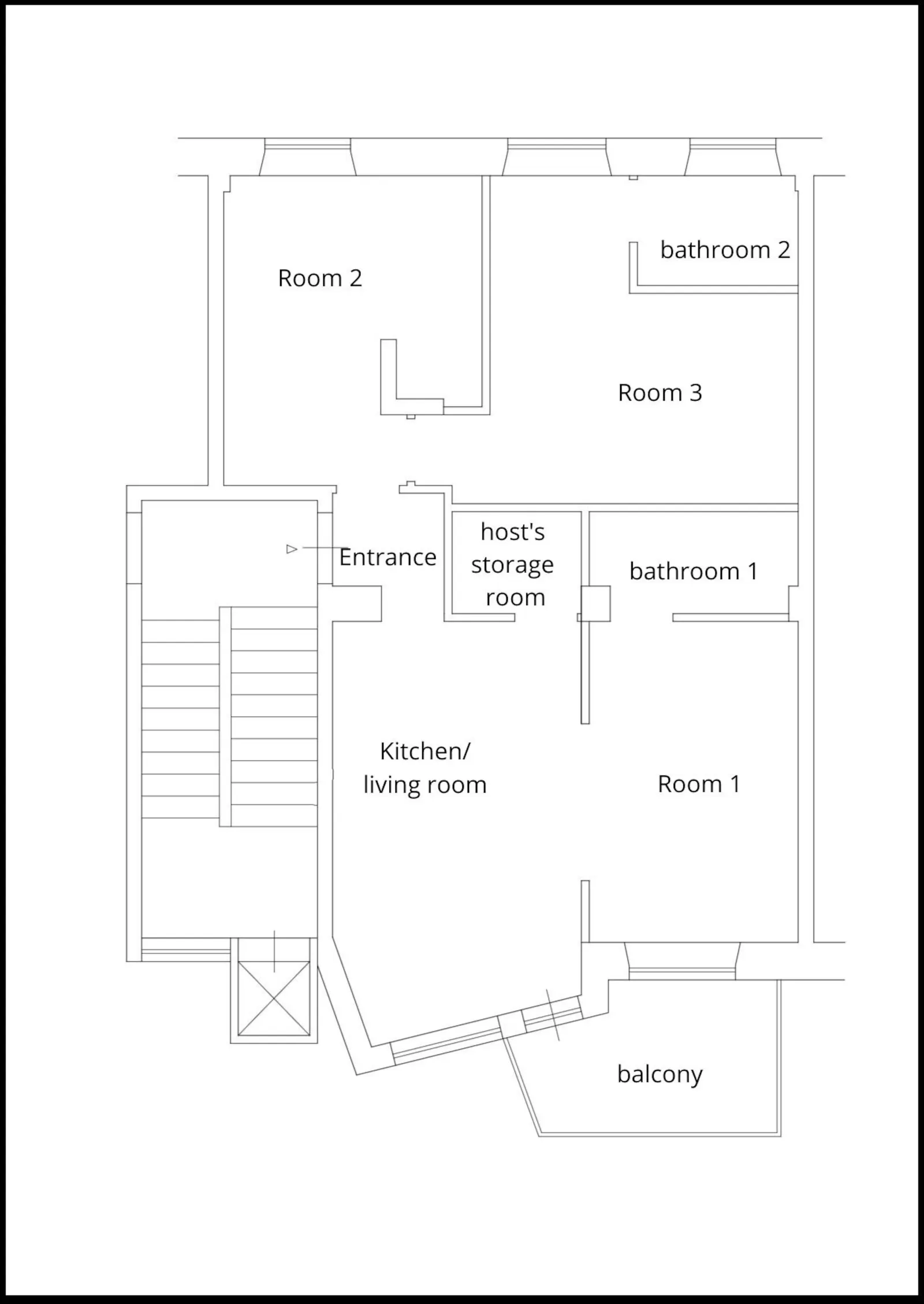 Floor plan: three bedrooms, two bathrooms, living room with kitchen and balcony