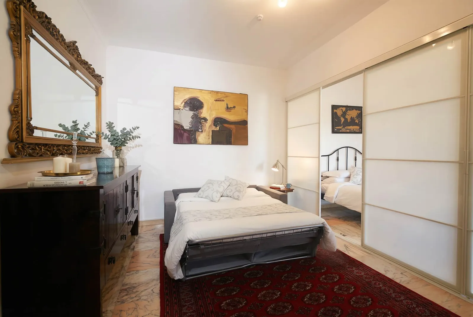 The suite's sofa bed opened and ready for the night
