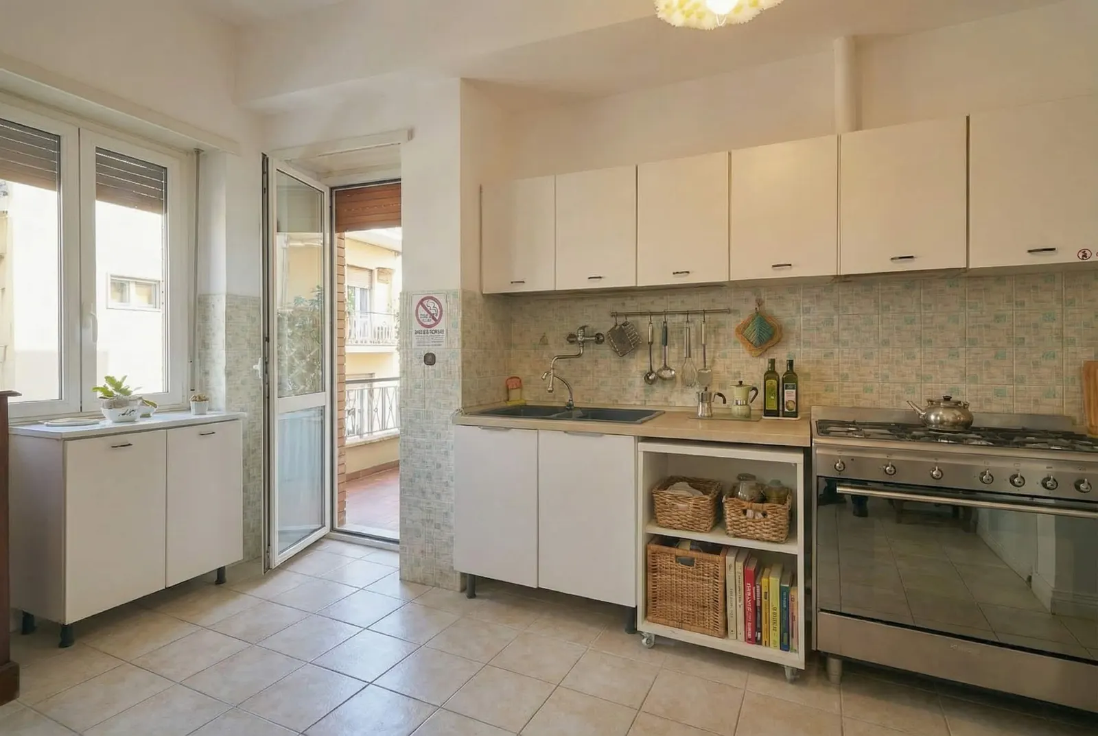 The kitchenette with its window and gas cooker