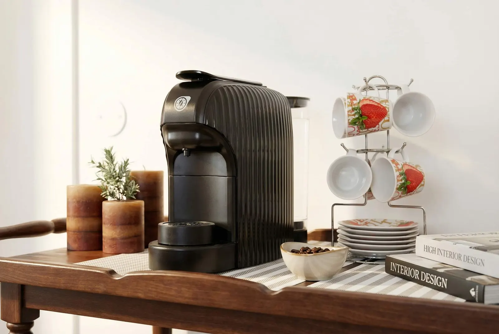 The Nespresso machine with cups and saucers