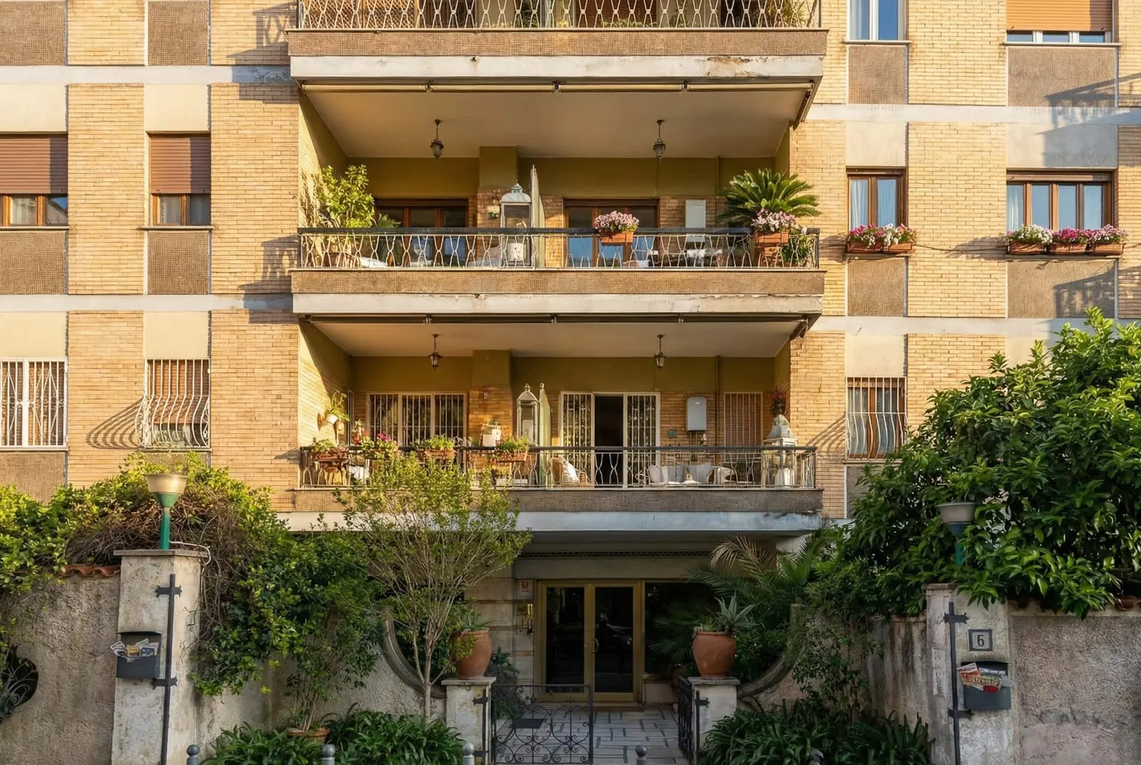 The front of the building with its balconies